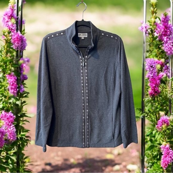 JM Collection Ladies M Grey Zip-Up Jacket With Embellishments - Picture 1 of 13